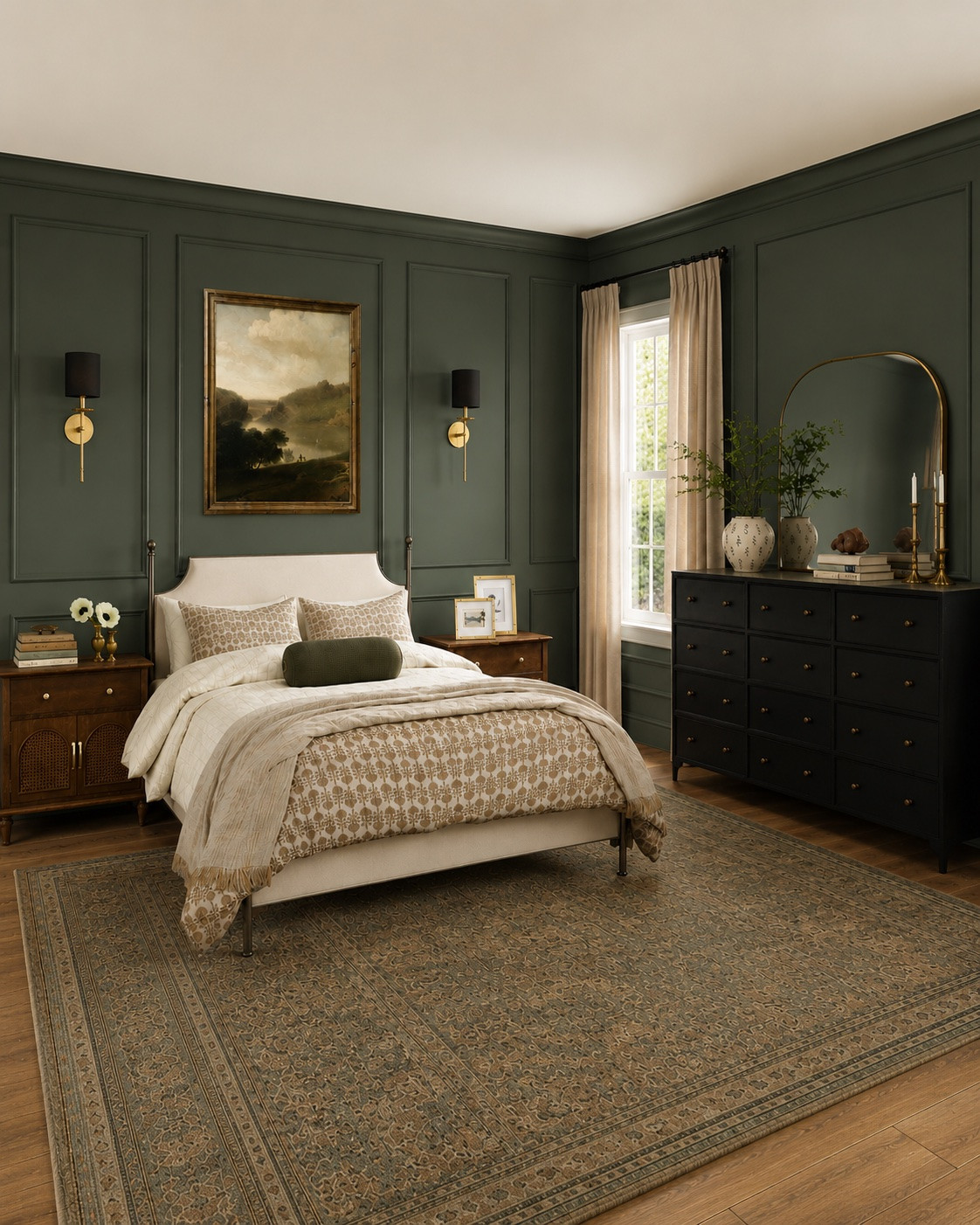 This moody bedroom design came together with so much warmth and depth.

I wanted this space to feel cozy and elevated at the same time, so I layered deep green paneled walls with warm wood tones, softer neutral bedding, vintage-inspired textures, brass accents, and collected decor to create that calm inviting atmosphere.

I love how the darker wall color adds so much richness while the lighter textiles and warm lighting soften everything back up. It feels dramatic in the best way while still staying comfortable and livable.

This is actually a 3D rendering from one of my room designs, which has become one of my favorite ways to help clients fully visualize a space before bringing it to life.

I now offer virtual room design and styling services with both set packages and custom options depending on what you need. If you’re interested in working together, you can message me directly or visit my website for more details 🤍

Everything featured here is linked (or similar pieces) if you want to recreate this cozy moody bedroom look in your own home.

#LTKHome