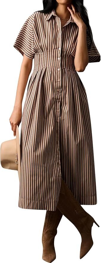 Striped Button Pleated Shirt Maxi Dress for Women Summer Short Sleeve Collar V Neck Corset Long D... | Amazon (US)