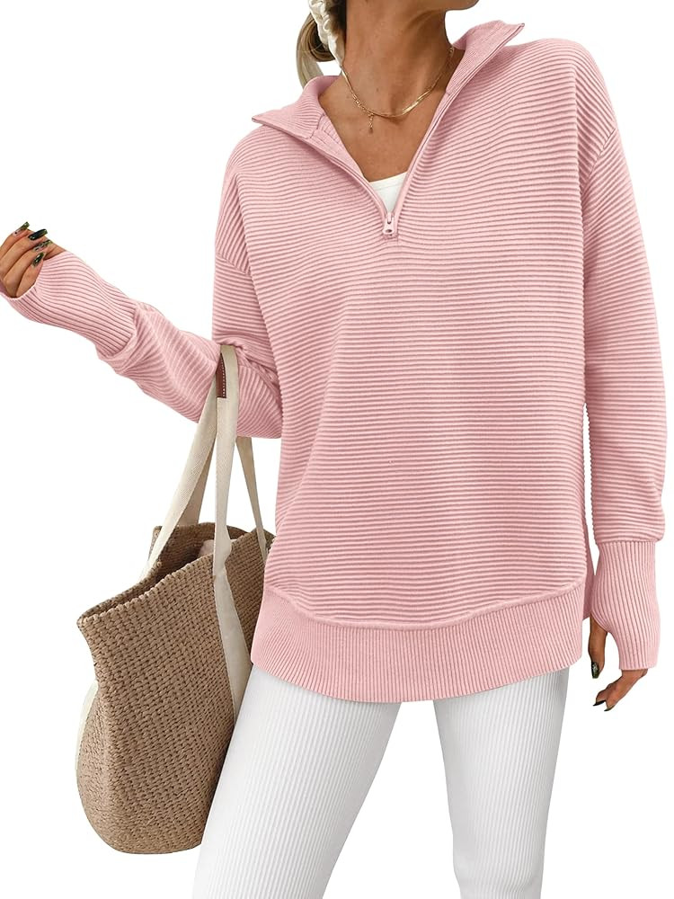 PRETTYGARDEN Womens Long Sleeve Quarter Zip Pullover Sweater Casual Loose V Neck Collared Ribbed ... | Amazon (US)