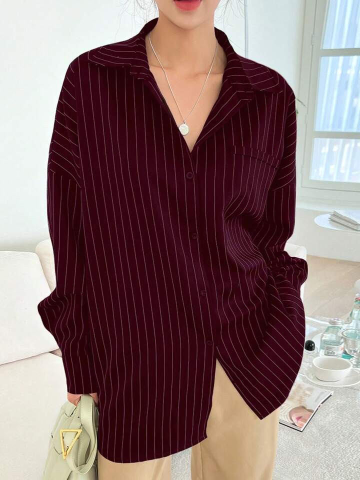 DAZY Striped Print Drop Shoulder Shirt,Long Sleeve Tops | SHEIN