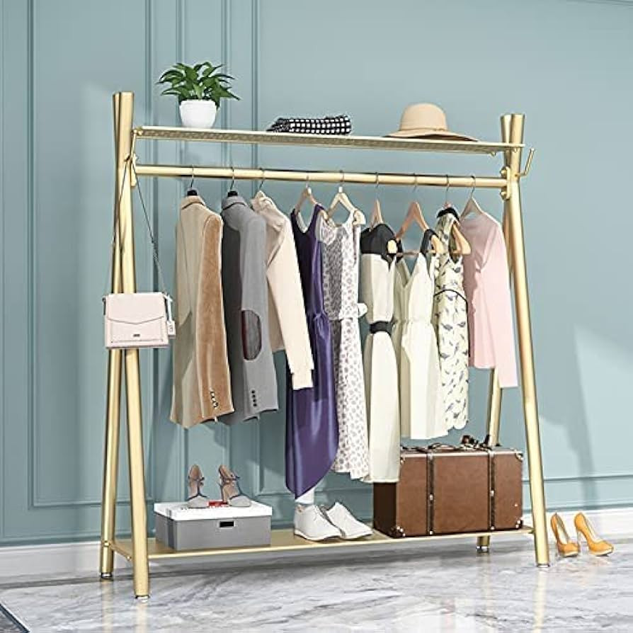Clothes rack Gold, Freestanding Industrial Garment Rack with Double shelves Multi-functional Bedr... | Amazon (US)