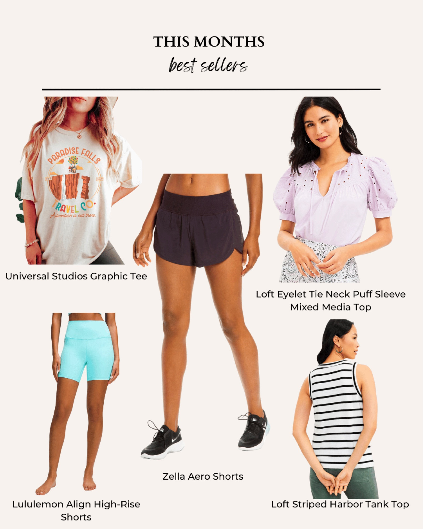 Universal Studios graphic tee
Loft eyelet sleeve lilac tee
Loft stripe tank top
Zella athletic shorts 
Lululemon align shorts

#LTKSeasonal #LTKFind #LTKxNSale