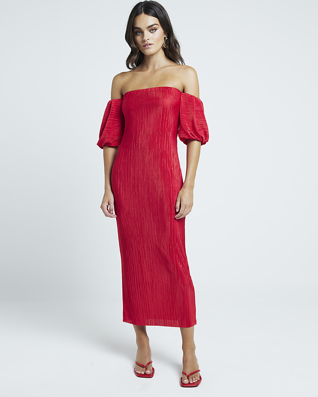 Red plisse bardot midi dress | River Island (UK & IE)