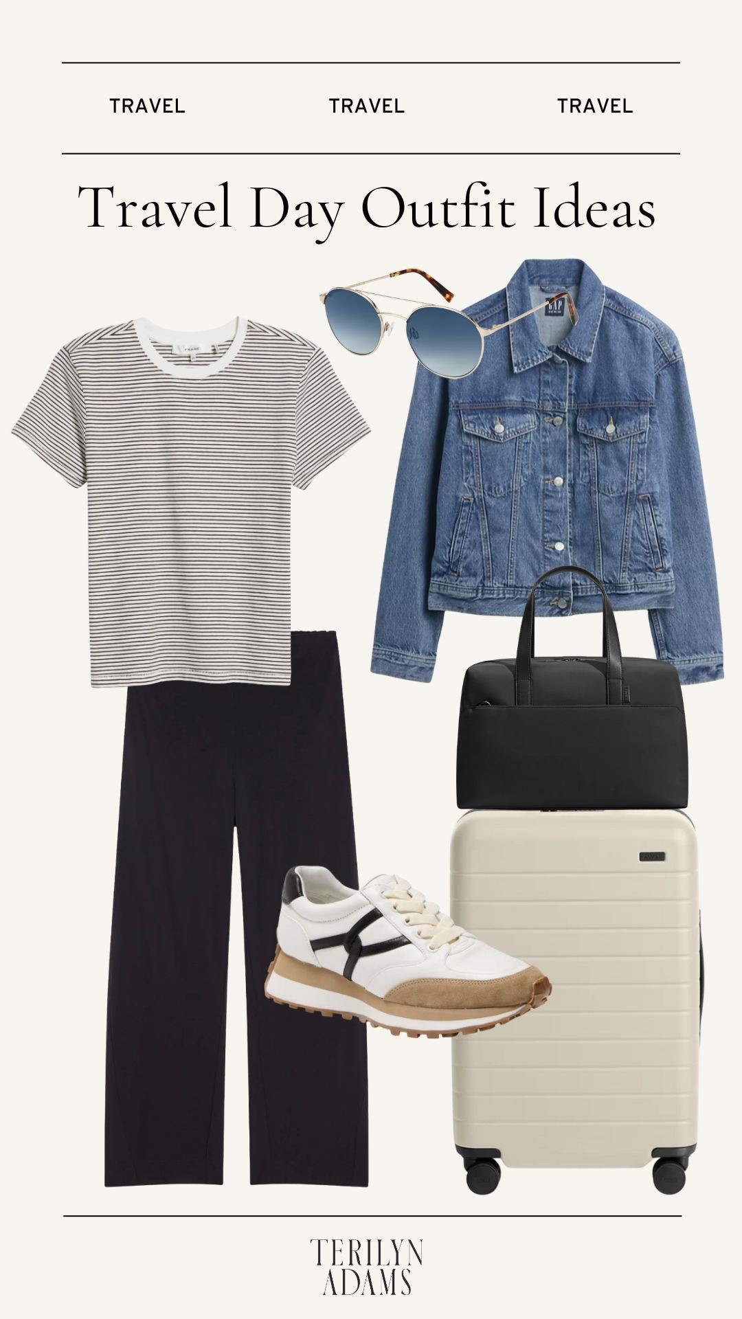 Travel outfit ideas
Denim jacket 
Striped tea 
Travel bag and suitcase 
Sunglasses
Lounge pants
White sneakers 

#LTKTravel #LTKootd