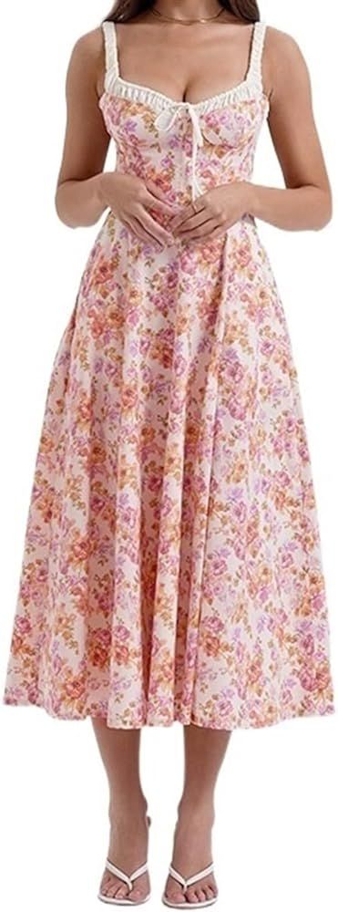 Floral Corset Dress, Women Floral Print Maxi Dress Low-Cut Backless Sleeveless Summer Split Dress... | Amazon (US)