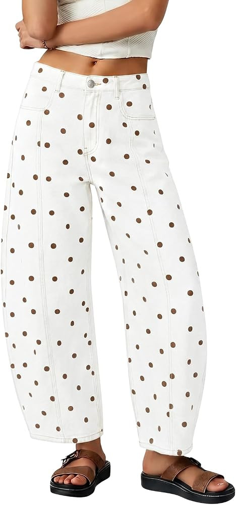 Tankaneo Womens Polka Dot Barrel Jeans High Waisted Wide Leg Denim Pants | Amazon (US)