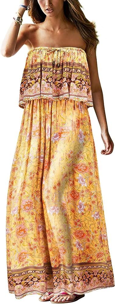 UIMLK Women's Summer Strapless Maxi Dress Long Beach Boho Floral Printed Vacation Dresses | Amazon (US)