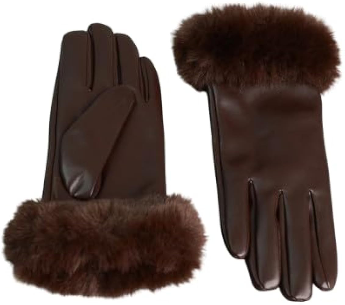 Faux Fur Trimmed Vegan Leather Gloves, Black, Ribbed Knit Cuff, Cozy & Stylish for Cold Weather | Amazon (US)