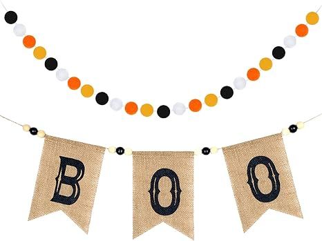 Halloween Banner Burlap Boo Banner Fireplace Banner Wool Felt Ball Garland Happy Halloween Banner... | Amazon (US)