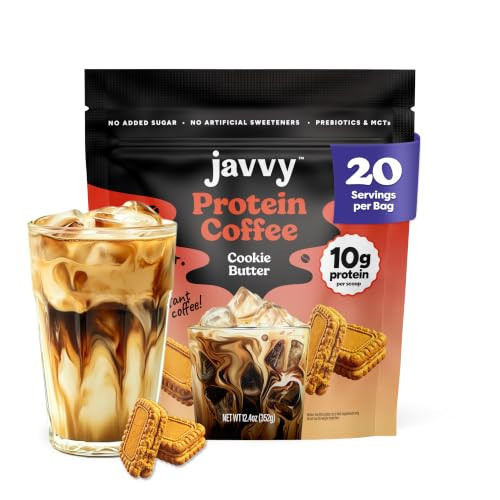 Javvy Protein Iced Coffee - Premium Whey Protein & Iced Coffees, 100% Natural Cold Brew, Zero Artificial Flavors & Sweeteners, 80mg Caffeine, No Added Sugar, 20 Servings, Cookie Butter, 1 Pack | Amazon (US)