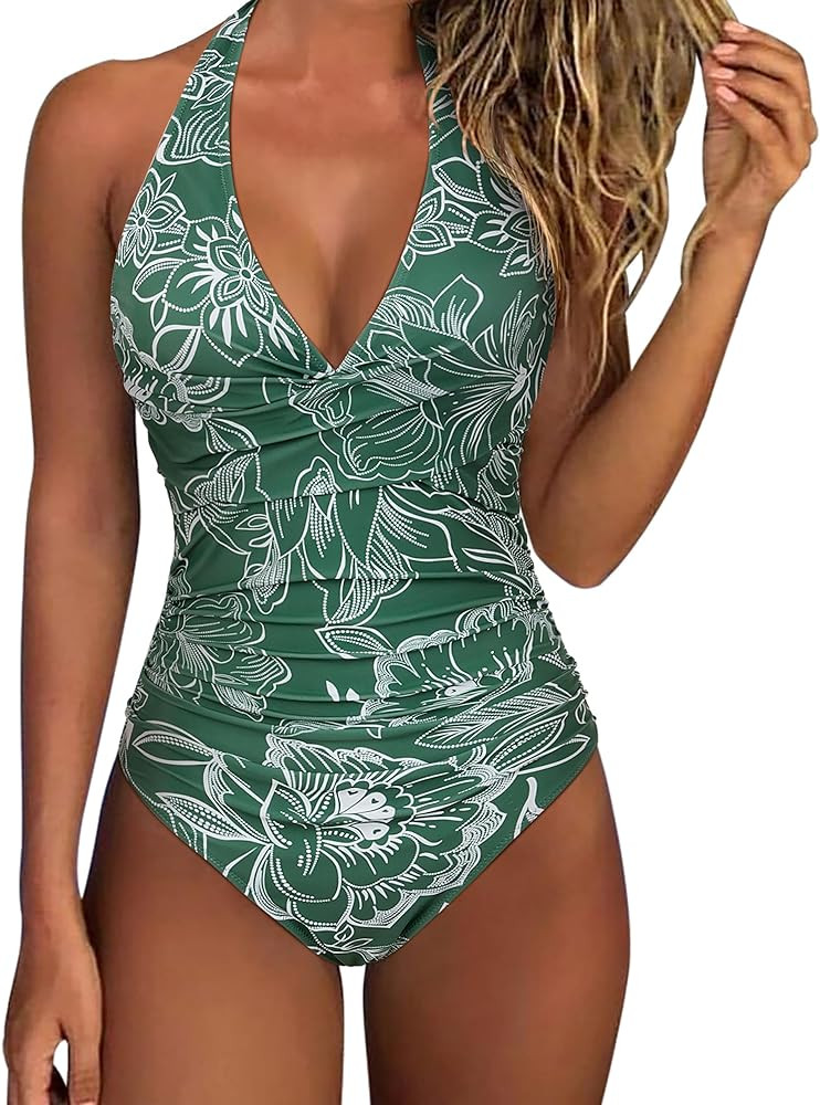 SUUKSESS Women Sexy Tummy Control One Piece Swimsuits Halter Push Up Bathing Suits | Amazon (US)