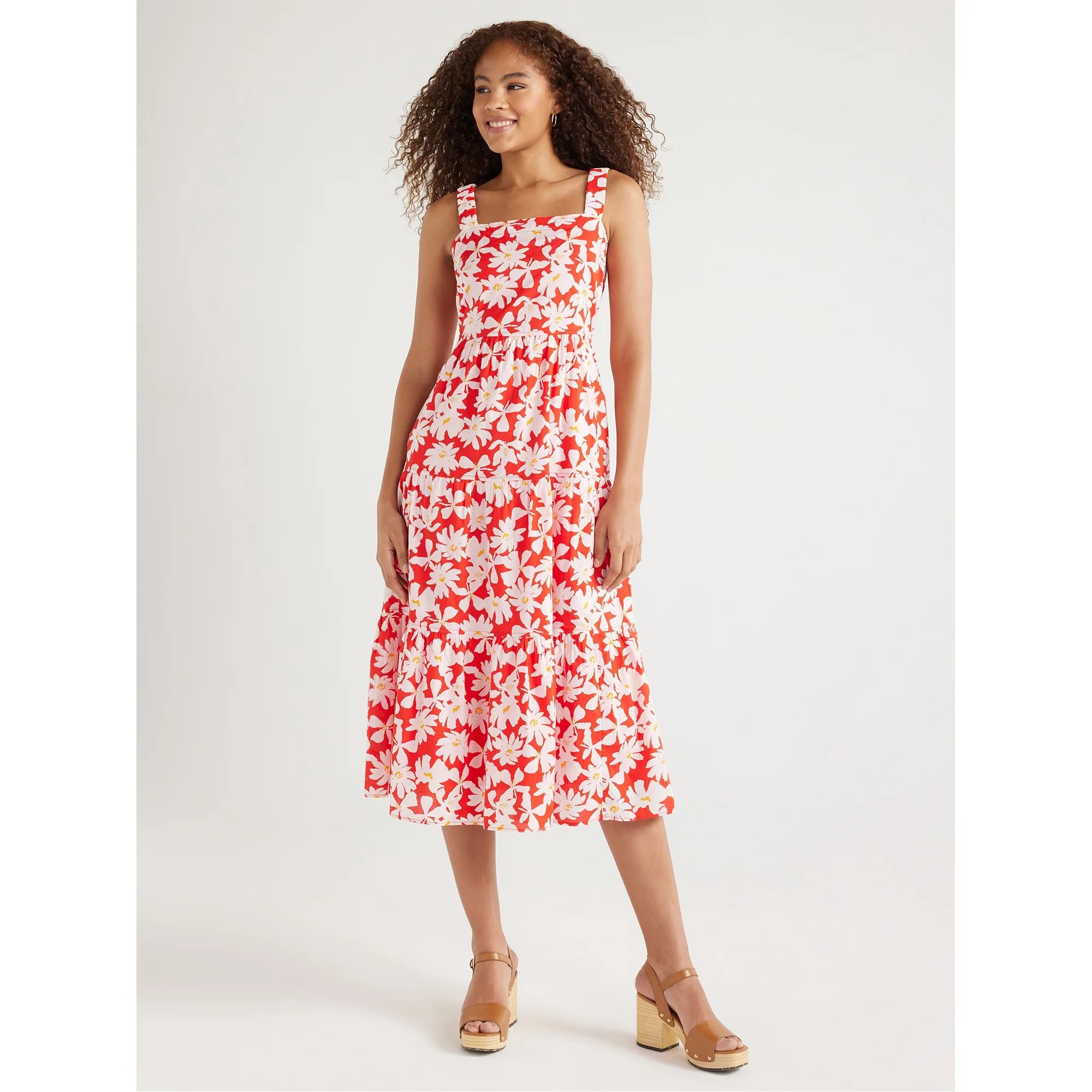 Free Assembly Women’s Cotton Tiered Midi Dress with Pockets, Sizes XS-XXL | Walmart (US)