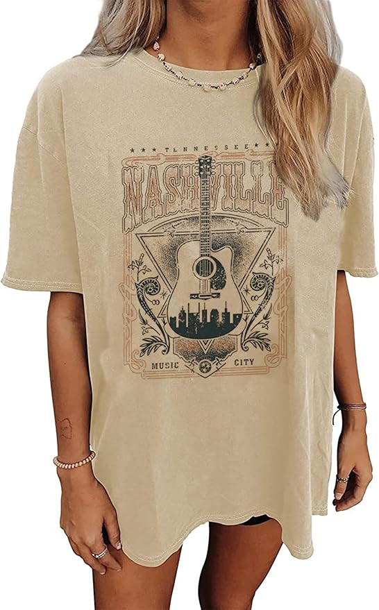 Nashville Music City T-Shirt Women Country Music Oversized Shirts Rock Band Tshirt Vintage Guitar... | Amazon (US)