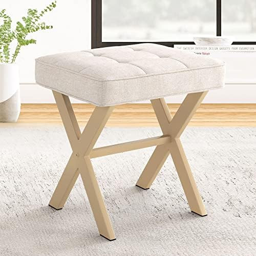 LUE BONA Square Linen Makeup Stool, Metal X Legs, Small Ottoman Stool Chair for Vanity, Modern Pa... | Amazon (US)