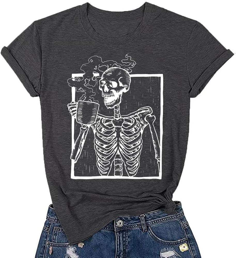 Hot Coffee Skeleton Shirt Women Halloween Skeleton Tshirt Funny Skull Graphic Tees Casual Fall Sh... | Amazon (US)