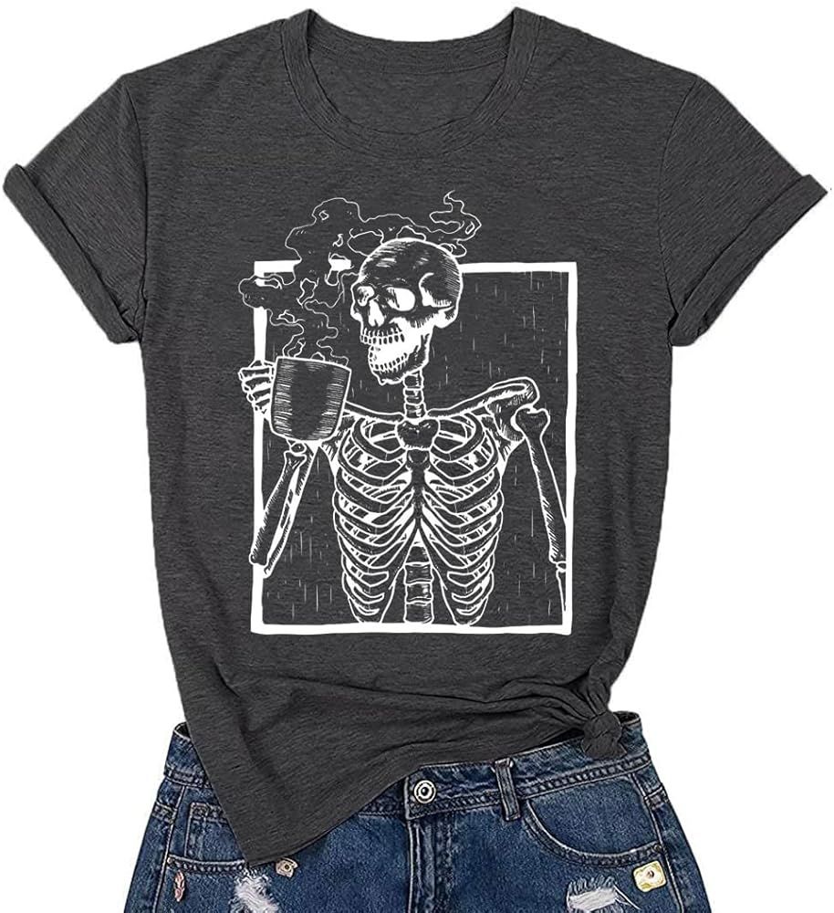 Hot Coffee Skeleton Shirt Women Halloween Skeleton Tshirt Funny Skull Graphic Tees Casual Fall Short | Amazon (US)