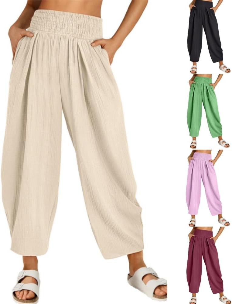 Palazzo Pants for Women Casual High Waisted Harem Cropped Trousers Baggy Bottom Elastic Waist Loo... | Amazon (US)