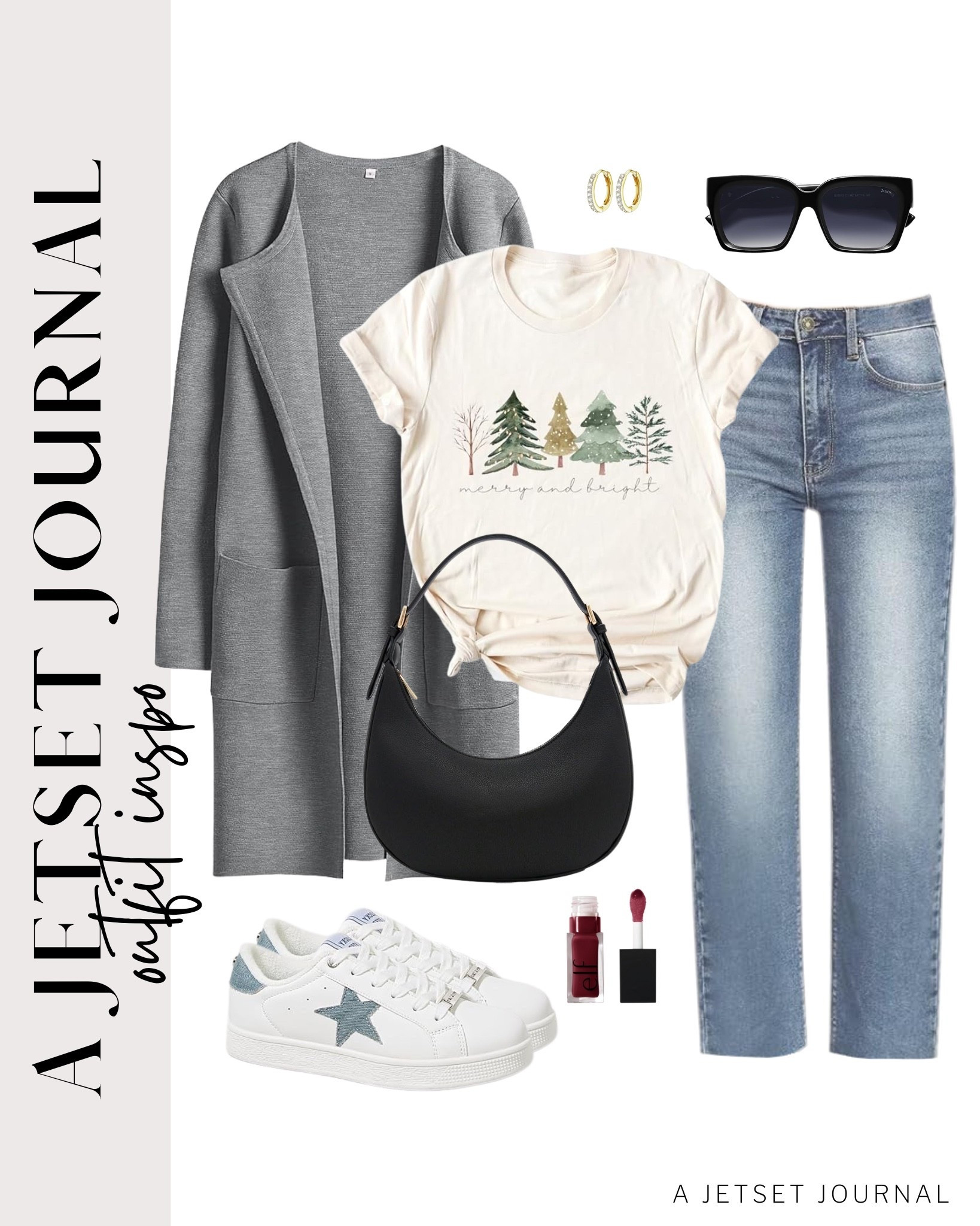 Cardigan and jeans paired with a holiday tee and sneakers for a simple look.
christmas trees shirt, casual outfit idea, holiday fashion, wide leg jeans, casual look, vacation style, winter style, makeup must have, beauty favorite, transitional outfit, functional bag, amazon fashion, affordable style

#LTKFindsUnder50 #LTKSeasonal #LTKU