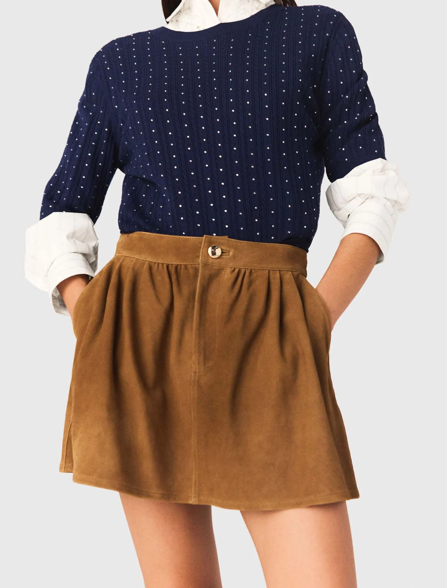Jupe courte en daim marron pour femme | Maje | Maje EU