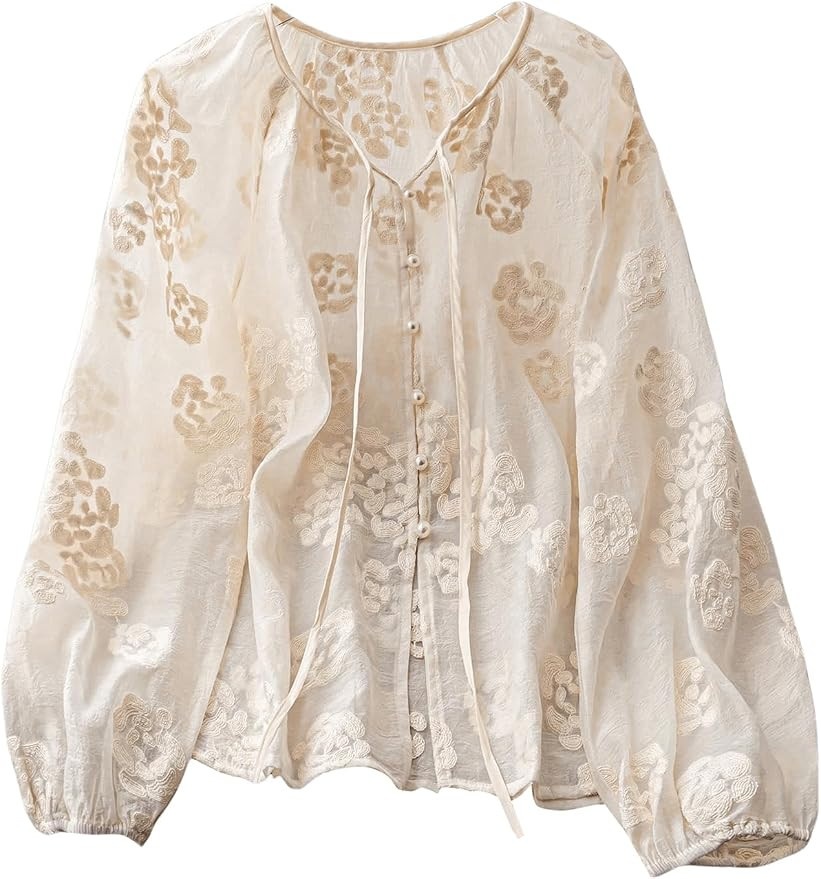 GORGLITTER Women's Boho Peasant Blouses Floral Embroidered Tops Summer Sheer Tie Front Flowy Long... | Amazon (US)