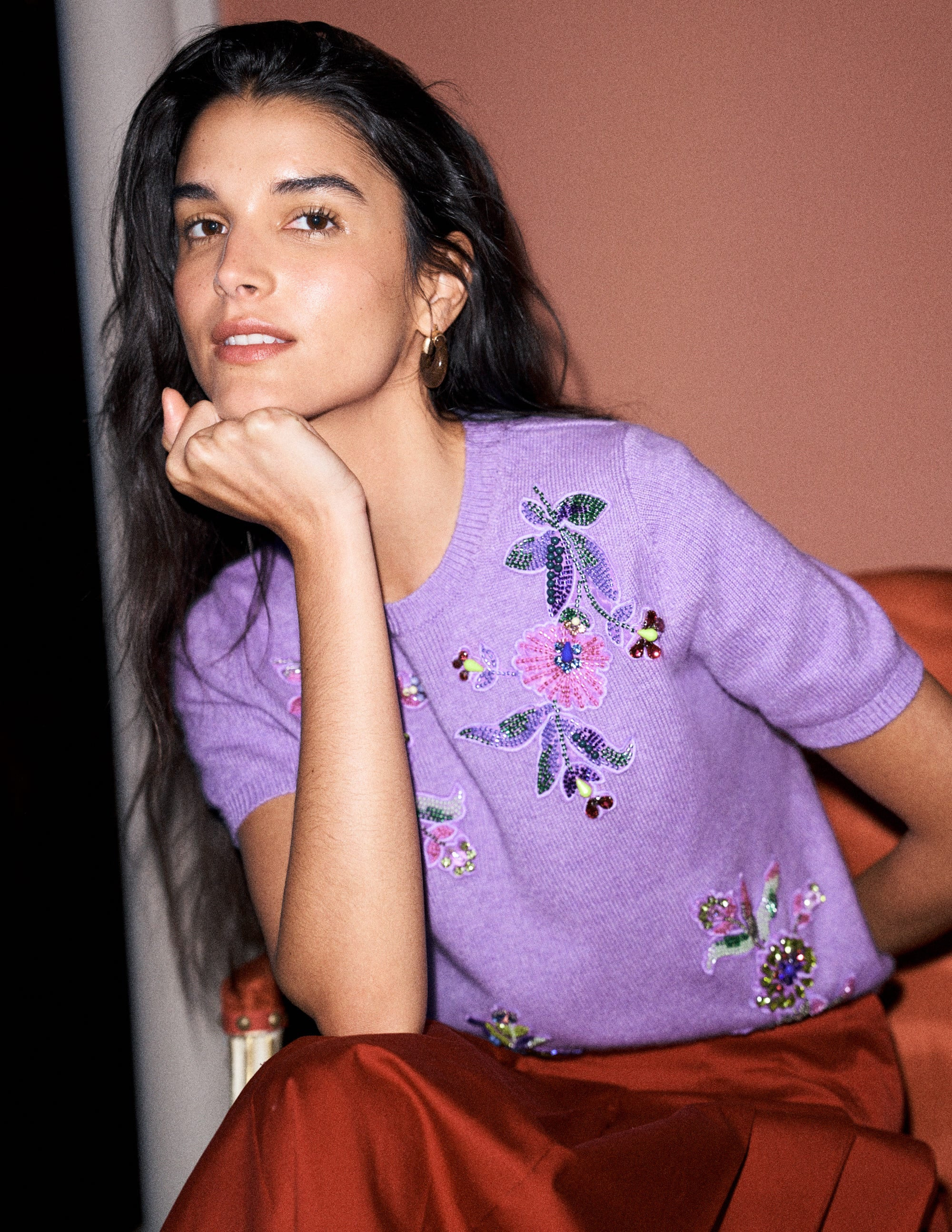 Ria Embellished Knit T-Shirt-Amethyst Purple | Boden (US)