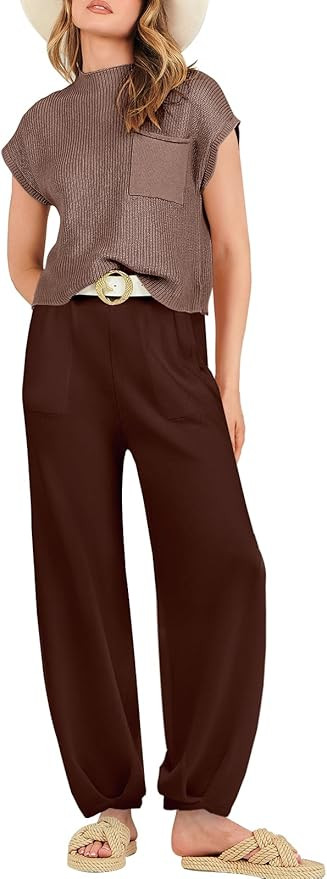 ANRABESS Women's Two Piece Outfits Sweater Sets Knit Pullover Tops and High Waisted Pants Tracksu... | Amazon (US)