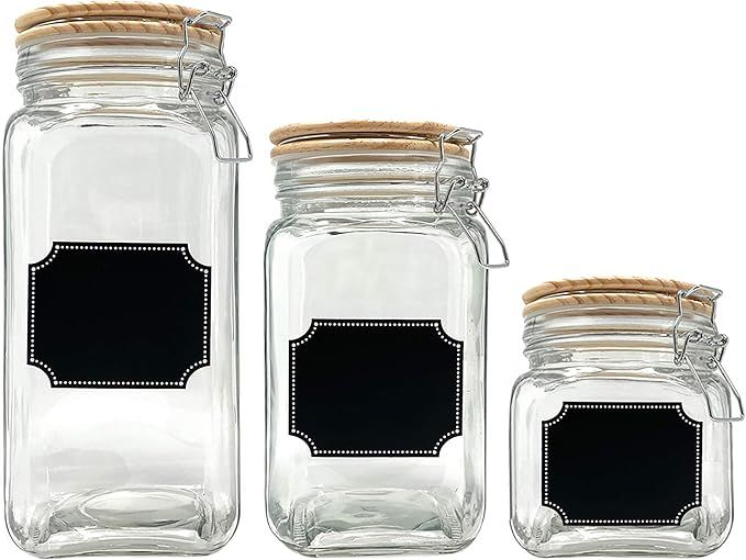 Glass Canister Food Storage Set of 3 with Airtight Wood Lid and Chalkboard Labels, Clear Containe... | Amazon (US)