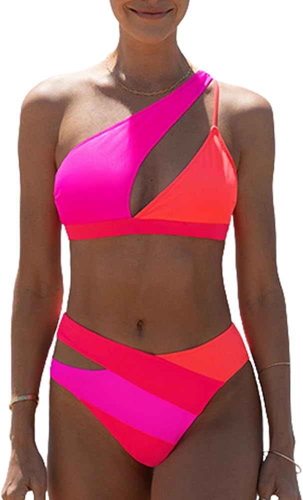 popvil Women's One Shoulder High Waisted Bikini Sets Cut Out Swimsuit Patchwork Bathing Suit | Amazon (US)