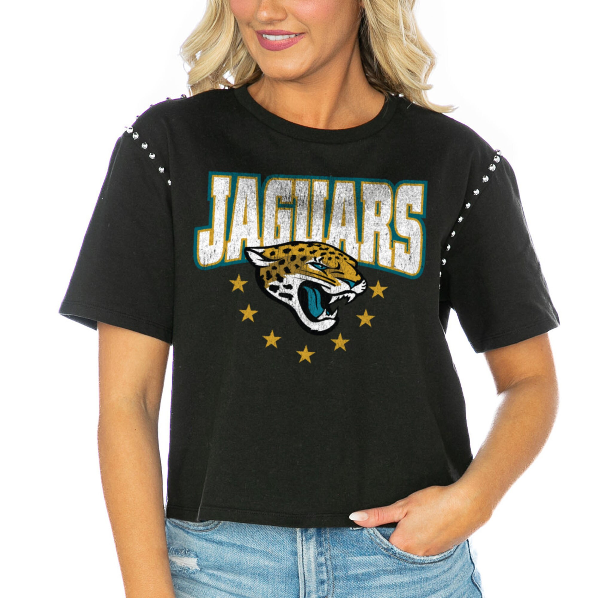 Jacksonville Jaguars Gameday Couture Women's Gladiator Studded Sleeve Cropped T-Shirt - Black | Fanatics