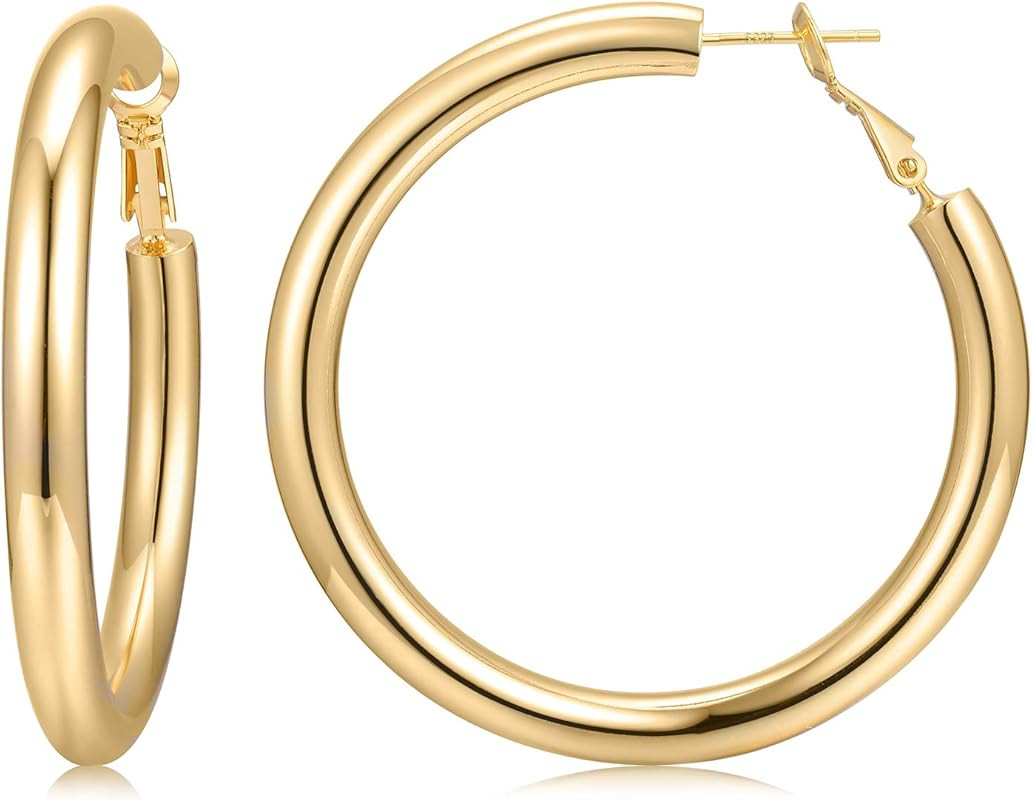 Chunky Gold Hoop Earrings 14K Gold Plated 925 Sterling Silver Post Thick Tube Hoops for Women And Gi | Amazon (US)