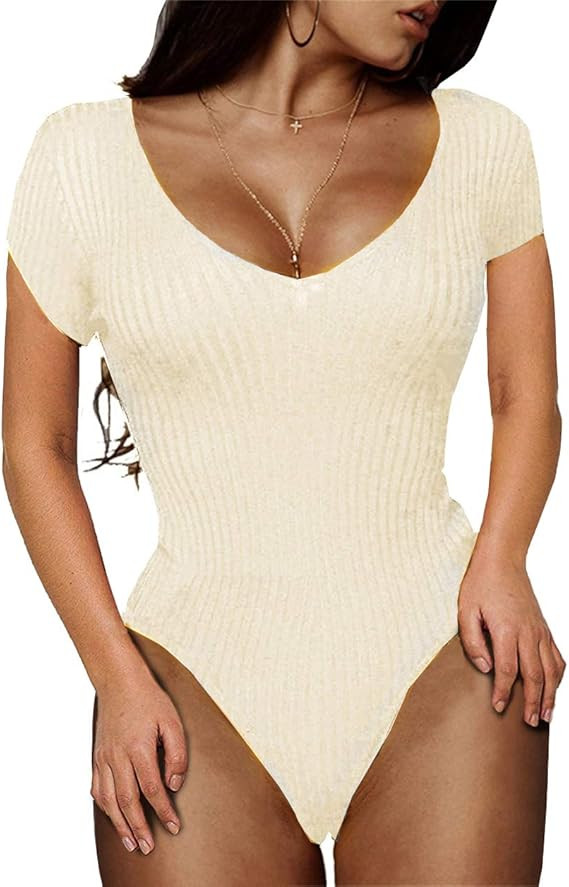 GEMBERA Women's Deep V Neck Long Sleeve Bodysuit Ribbed Knit Bodycon Basic Bodysuit Tops | Amazon (US)