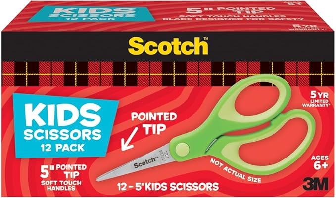 Scotch 5" Soft Touch Pointed Tip Kids Scissors, 12 Count Teacher’s Pack, Green, All-Purpose Sci... | Amazon (US)