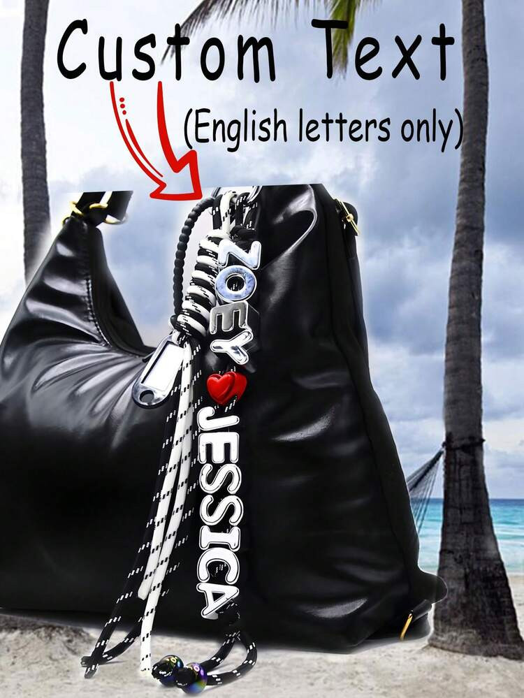 1pc Custom Silver Letter Bag Charm With Braided Black And White Tassel Cord, Red Heart, And Name Tag. Used To Prevent Loss Of Bags/Suitcases. A Special Gift For Dads/Boyfriends. | SHEIN