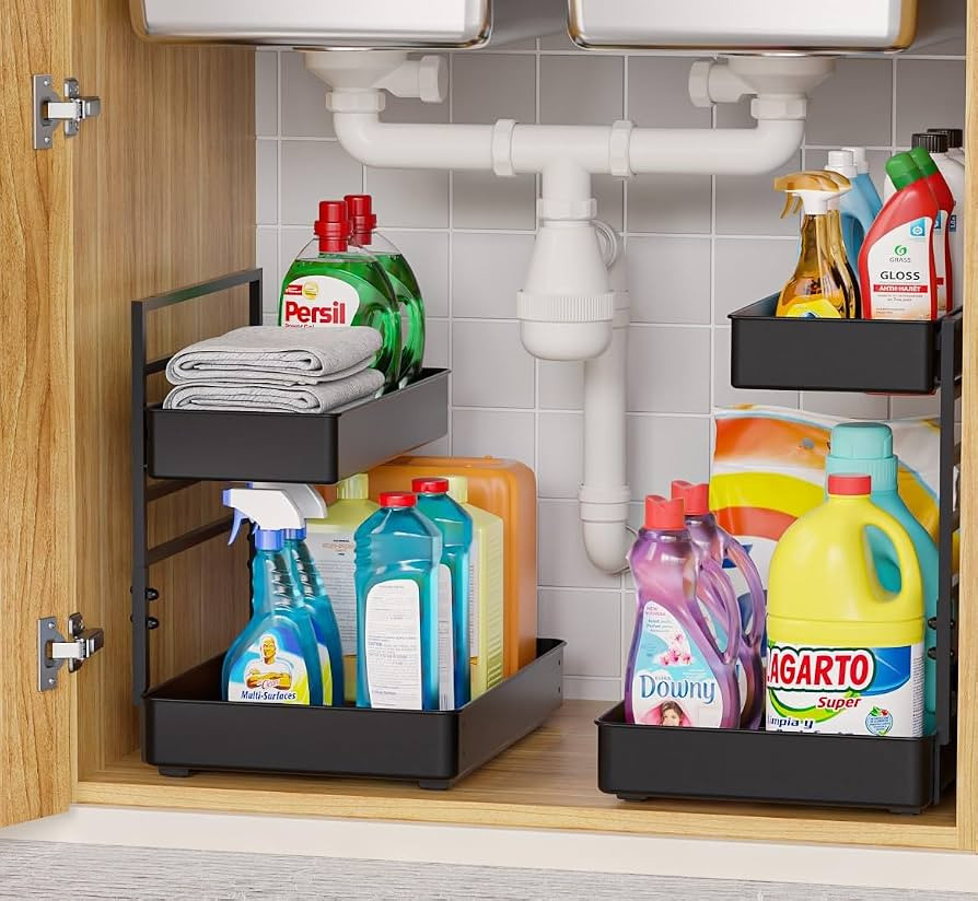 EVERIE Height Adjustable 2 Tier Metal Pull Out Slide Shelf Organizer for Under Sink Cabinets in K... | Amazon (US)