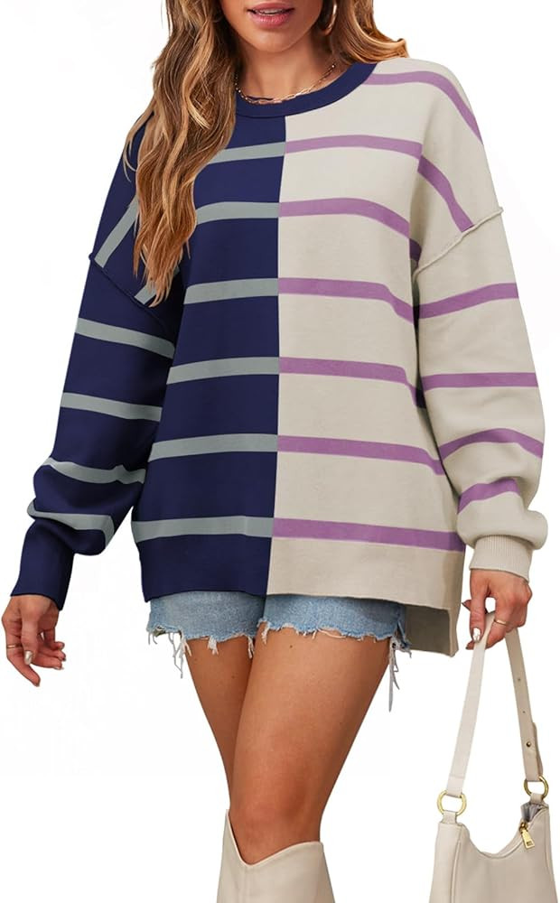 MEROKEETY Women's 2023 Striped Oversized Sweater Long Sleeve Color Block Casual Knit Pullover Top | Amazon (US)