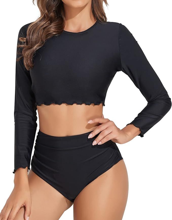 Yonique Womens Rash Guard Long Sleeve Swimsuit Crop Swim Tops with Shorts Two Piece Bathing Suits | Amazon (US)
