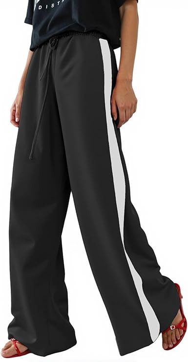 Women's Casual Pants Drawstring Leopard Print Color Block Side Striped Straight Leg Wide Leg Loos... | Amazon (US)