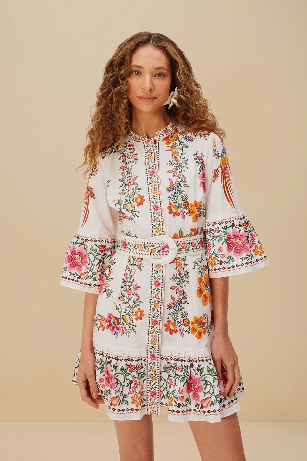 Off-White Delicate Forest Scarves Organic Cotton Mini Dress | FarmRio (US)