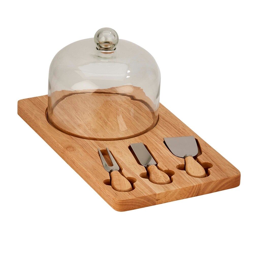 14.25" Clear Glass Dome And Rectangular Wooden Cheese Board With 3 Cheese Tools (Brown) | Bed Bath & Beyond
