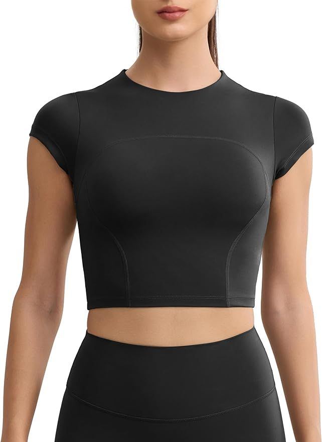 Workout Crop Tops for Women Yoga Short Sleeve Mild Support Slim Fit Cropped Athletic Shirts Gym T... | Amazon (US)