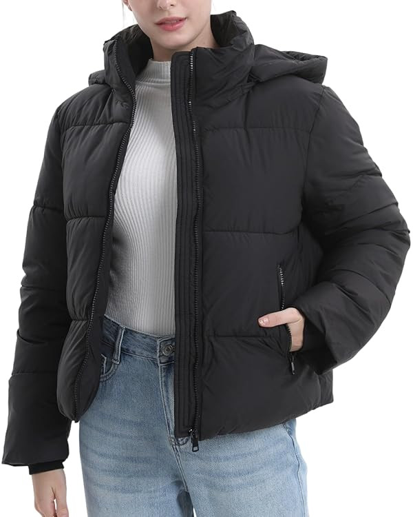 Women's Cropped Puffer Jackets,Warm Winter Jacket with Removable Hood,Zipped Pockets,Short Ladies... | Amazon (US)