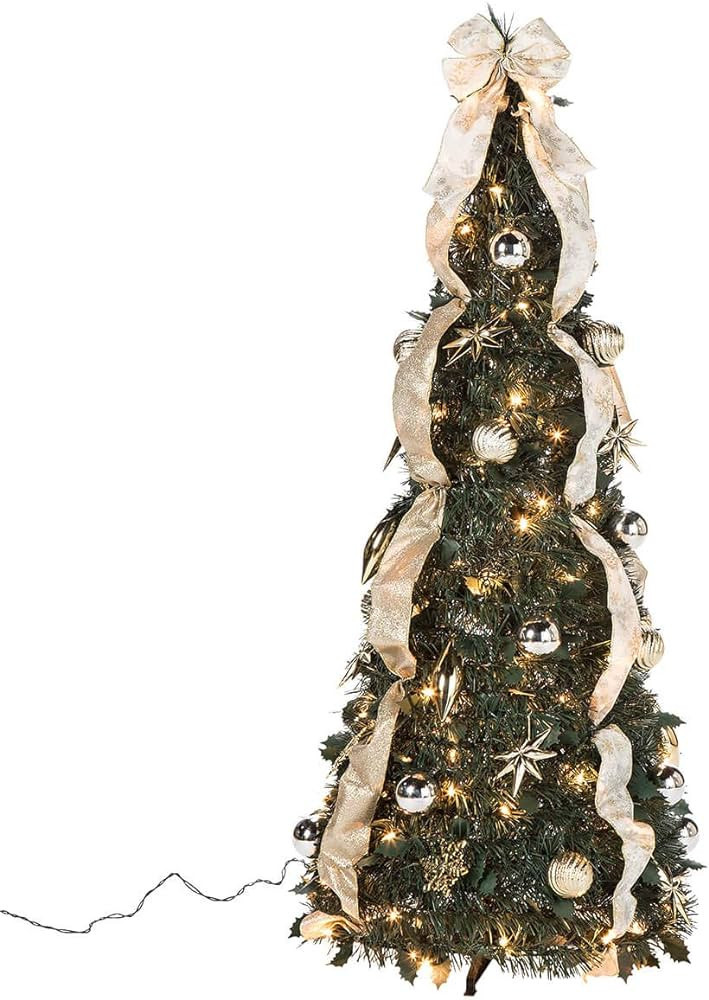4' Silver & Gold Pull-Up Christmas Tree by Holiday Peak, Pre-Lit and Fully Decorated, Collapses f... | Amazon (US)