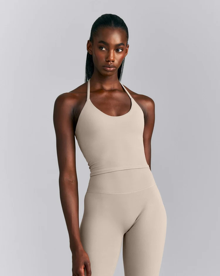 SoftMotion\u2122 Strappy Halter Neck Mid Tank Top with Built in Bra Shelf New Branding 
 Warm San... | Oner Active (UK / US)