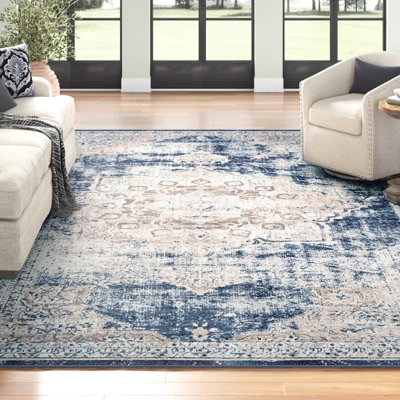 Landes Oriental Beige/Navy Blue Area Rug | Wayfair North America