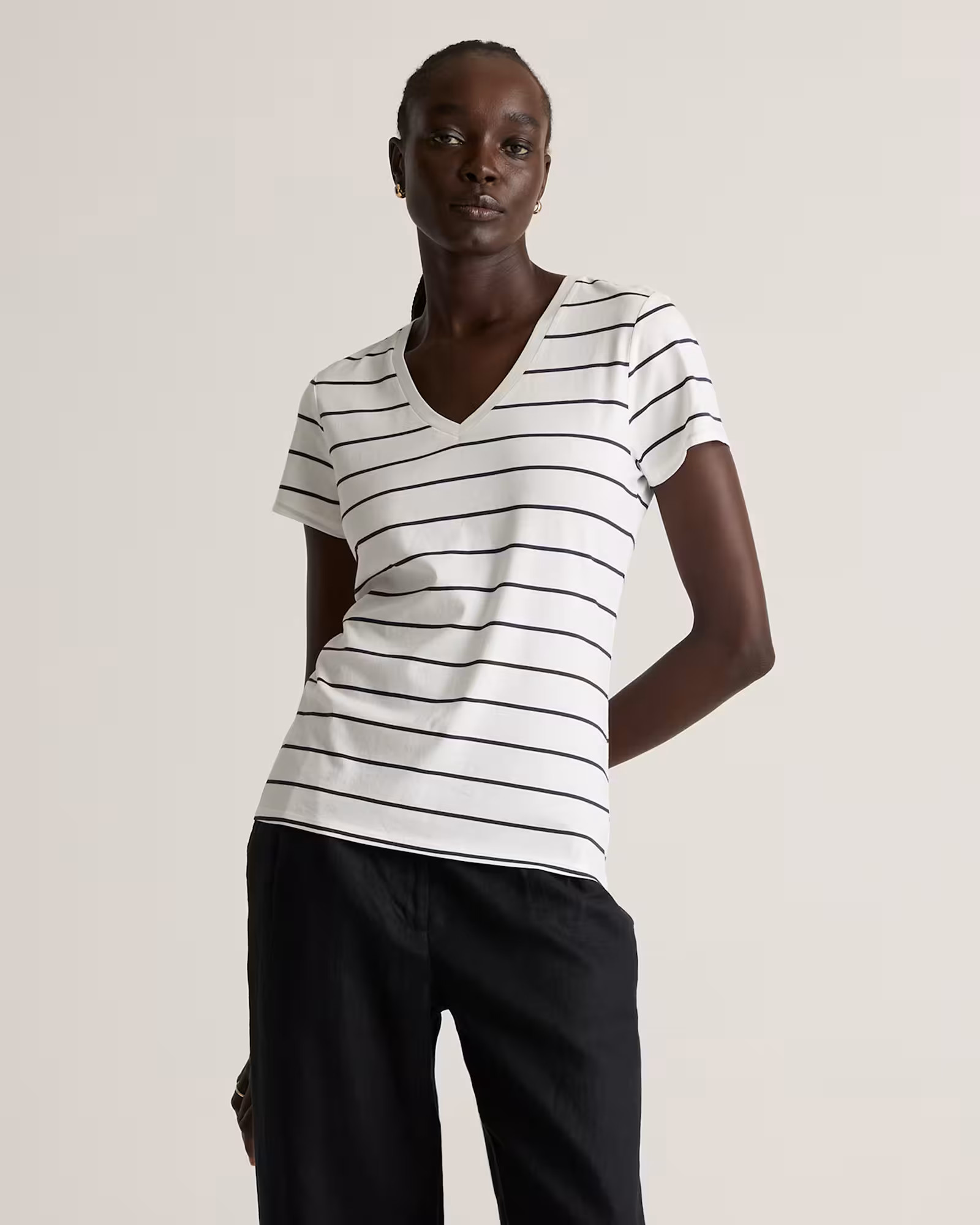 Cotton Modal V-Neck Tee in Ivory/black Stripe | Quince