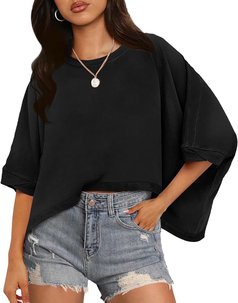 WIHOLL Crop Tops for Women Short Sleeve Crewneck Tops Oversized Tshirts Casual Summer | Amazon (US)