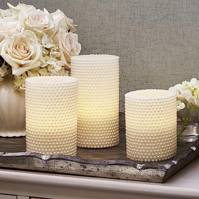 Flameless Pillar Candles with Remote - 3x4 3x5 3x6, 3 Pack, Pearl Coated Wax, Battery Operated, W... | Amazon (US)