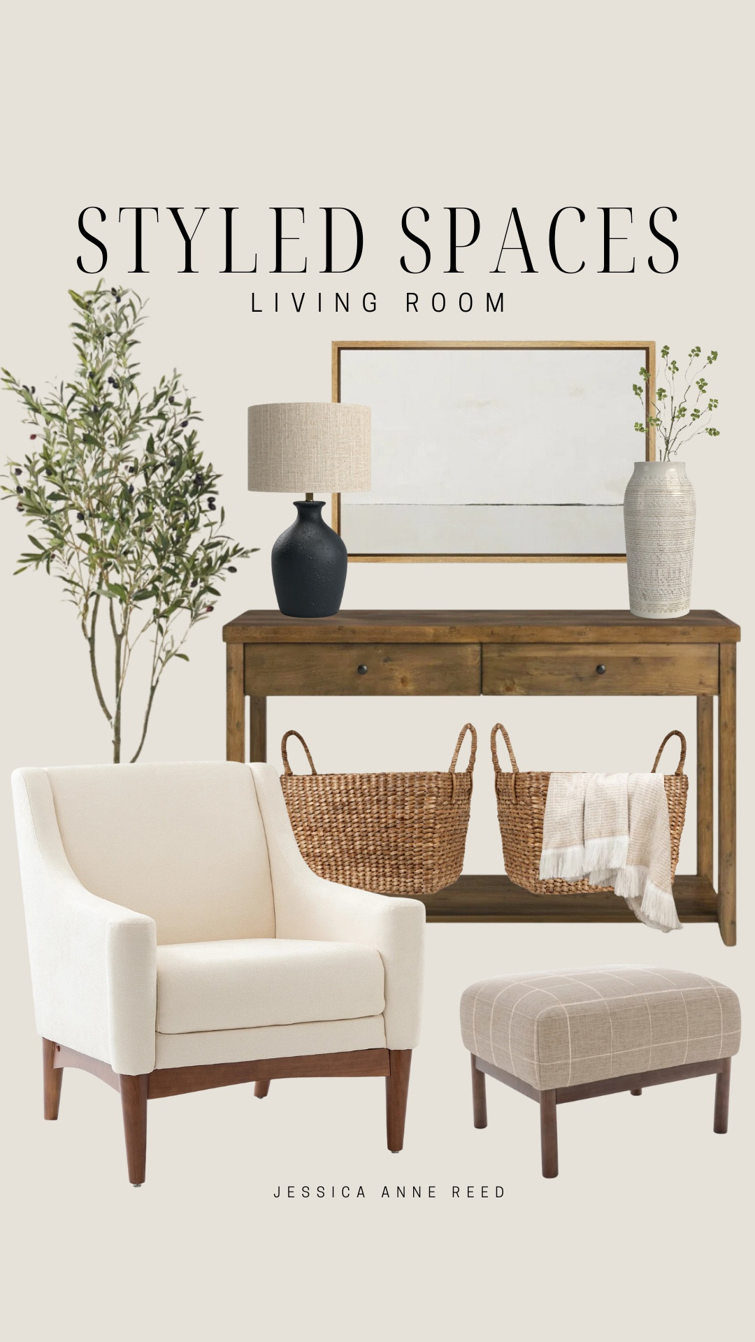 Styled living room includes faux tree, console, baskets, throw blanket, vase, greenery stem, table lamp, wall art, ottoman, and accent chair.

Home decor, styled living room, styled home, neutral decor

#LTKFindsUnder100 #LTKHome #LTKStyleTip