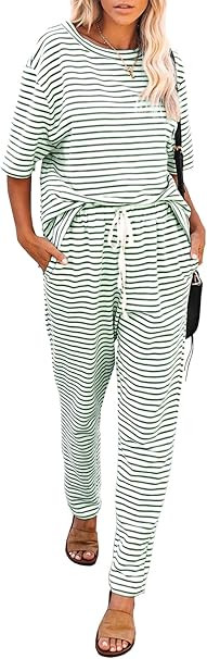 MITILLY Women's Striped 2 Piece Outfits Crewneck Pullover Tops and Long Pants Sweatsuit Loungewea... | Amazon (US)