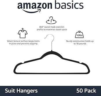 Amazon Basics Slim, Velvet, Non-Slip Suit Clothes Hangers, Pack of 50, Black | Amazon (US)